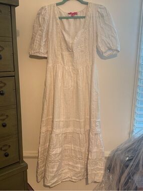 Betsey Johnson White Eyelet Midi Dress with Puff Sleeves